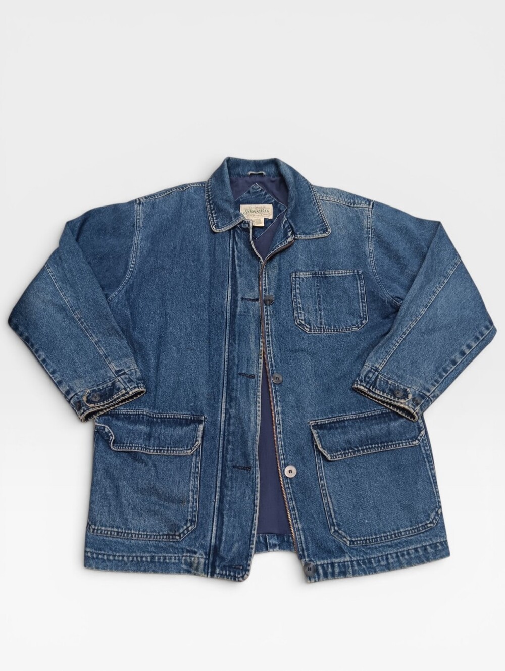 90s St. John's Bay Blue Denim Chore Jacket with Dark Navy Lining Size M